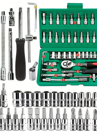 46pc Drive Socket Set 1/4 inch Ratchet Wrench Set with Sockets Metric