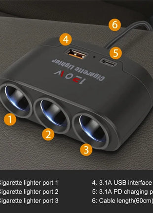 120W Car Charger Cigarette Lighter Adapter Dual USB PD Car Charger