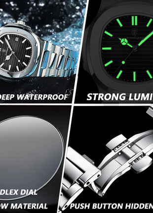 POEDAGAR Square Luxury Men Wristwatch Waterproof Luminous Date