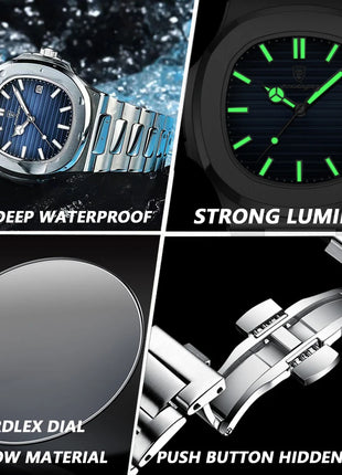 POEDAGAR Square Luxury Men Wristwatch Waterproof Luminous Date
