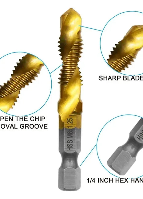 6pc High-speed Steel 4341 Titanium Plated Composite Tap Drill and Tap