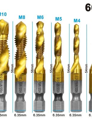 6pc High-speed Steel 4341 Titanium Plated Composite Tap Drill and Tap