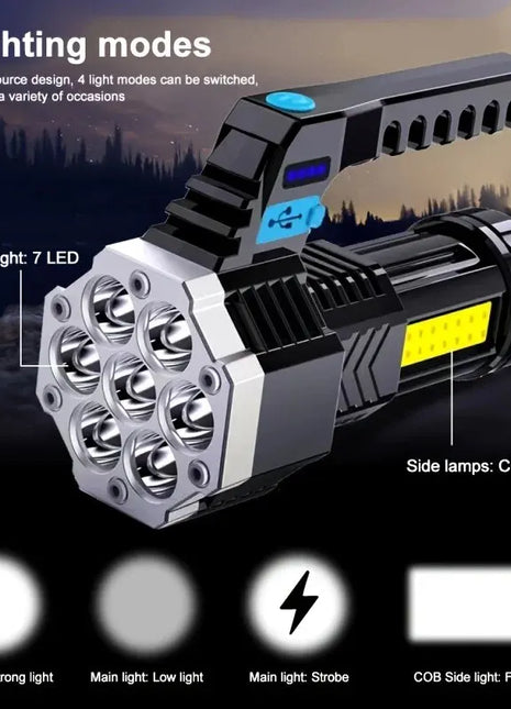 Portable Flashlight 7 LED COB Side Light USB Rechargeable Outdoor