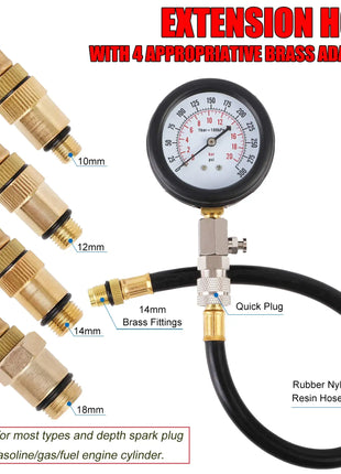 8PCS Professional Petrol Engine Compression Tester Kit 0-300 PSI Fuel