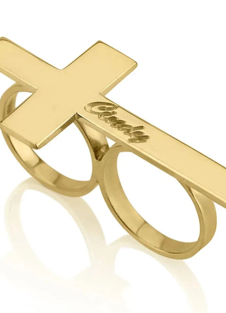 Custom Cross Ring Engraving Name Ring Men Stainless Steel Two Fingers