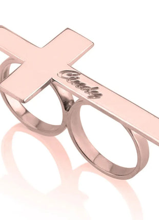 Custom Cross Ring Engraving Name Ring Men Stainless Steel Two Fingers