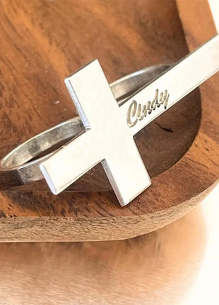 Custom Cross Ring Engraving Name Ring Men Stainless Steel Two Fingers