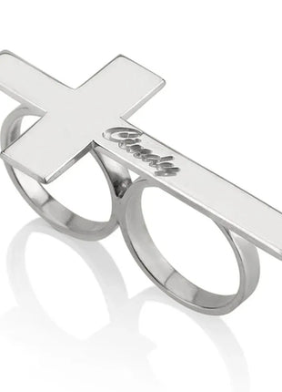 Custom Cross Ring Engraving Name Ring Men Stainless Steel Two Fingers