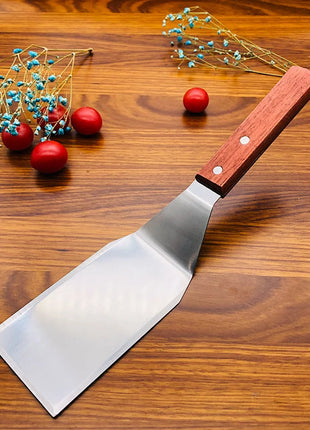 Stainless Steel Square Head Steak Cooking Spatula Wood Handle Pizza