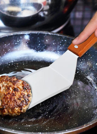 Stainless Steel Square Head Steak Cooking Spatula Wood Handle Pizza