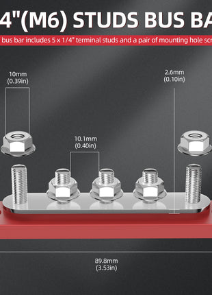 DaierTek Bus Bar 12V Power Distribution Block with Cover 5 x 1/4"