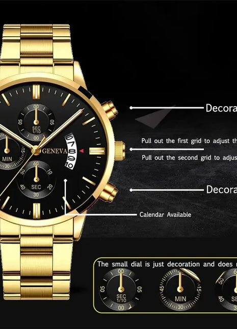 2023 Fashion Men Gold Stainless Steel Watch Luxury Calendar Quartz
