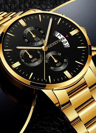 2023 Fashion Men Gold Stainless Steel Watch Luxury Calendar Quartz