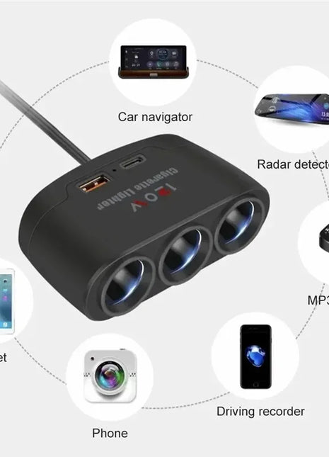 3 in 1 Dual USB Socket 120W Car Cigarette Lighter Splitter 12V 24V