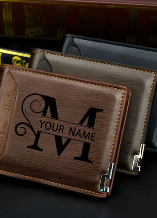Custom Engraved Initials & Name PU Leather Wallet Men Gift for