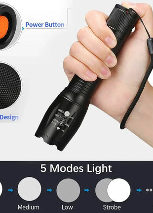 High Power T6 LED Flashlights Camping Torch 5 Light Modes Zoom Light