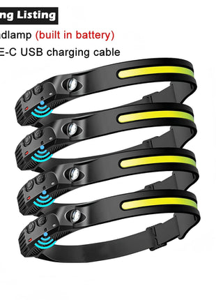 LED Sensor Headlamp Built-in Battery USB Rechargeable Head Flashlight