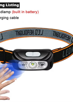 LED Sensor Headlamp Built-in Battery USB Rechargeable Head Flashlight