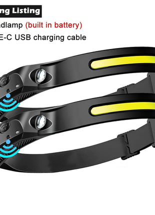 LED Sensor Headlamp Built-in Battery USB Rechargeable Head Flashlight