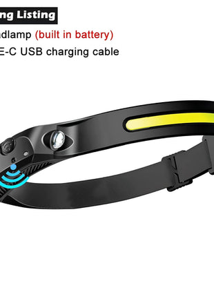 LED Sensor Headlamp Built-in Battery USB Rechargeable Head Flashlight