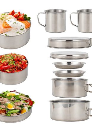8pcs/Set Camping Cookware Mess Kit Stainless Steel Cooking Pot and Pan