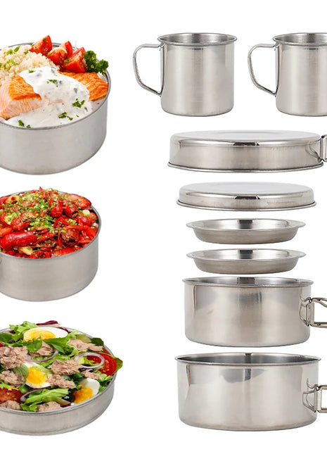 8pcs/Set Camping Cookware Mess Kit Stainless Steel Cooking Pot and Pan