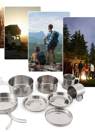 8pcs/Set Camping Cookware Mess Kit Stainless Steel Cooking Pot and Pan