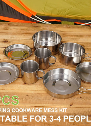 8pcs/Set Camping Cookware Mess Kit Stainless Steel Cooking Pot and Pan
