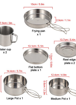 8pcs/Set Camping Cookware Mess Kit Stainless Steel Cooking Pot and Pan