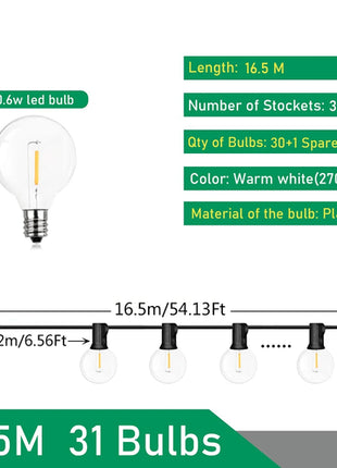 110V/220V Outdoor String Lights LED G40 Festoon Fairy Patio Garland
