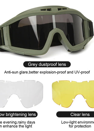 JSJM Airsoft Tactical Goggles 3 Lens Windproof Dustproof Shooting