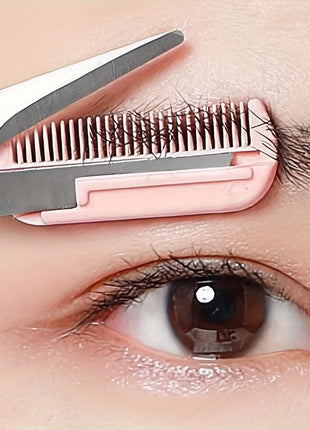 Pink eyebrow trimming scissors with built-in comb - stainless steel,