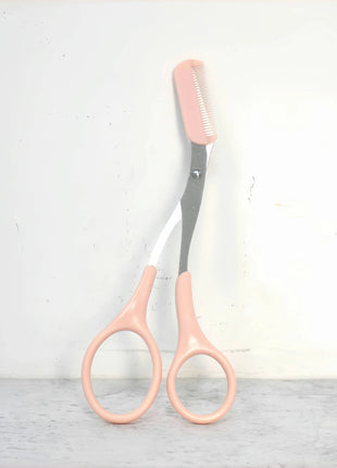 Pink eyebrow trimming scissors with built-in comb - stainless steel,