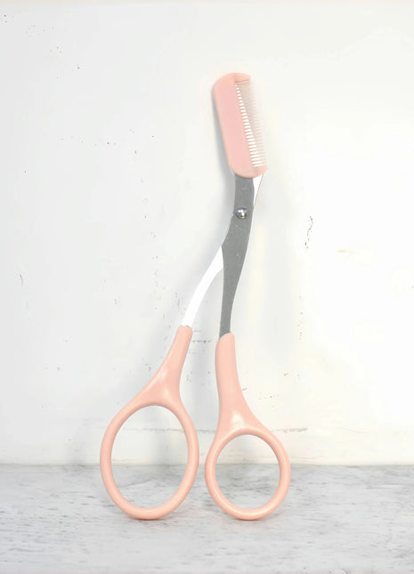 Pink eyebrow trimming scissors with built-in comb - stainless steel,