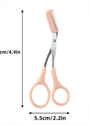 Pink eyebrow trimming scissors with built-in comb - stainless steel,