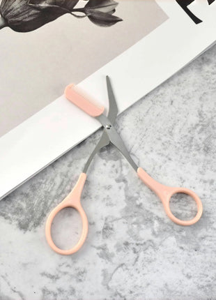 Pink eyebrow trimming scissors with built-in comb - stainless steel,