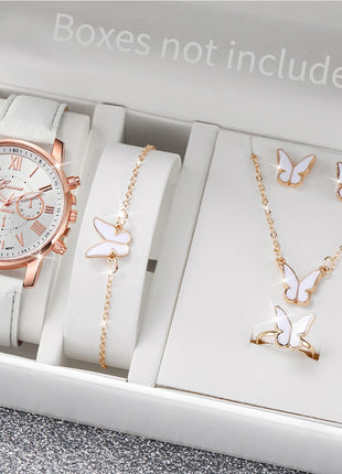 5/6PCS Fashion Women's Quartz Watch Leather Band Analog Wrist Watches