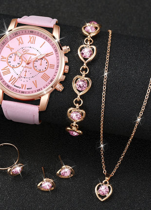 5/6PCS Fashion Women's Quartz Watch Leather Band Analog Wrist Watches