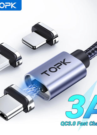 TOPK Magnetic Charging Cable 3A Micro USB Type C Cable with Led Light
