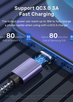 TOPK Magnetic Charging Cable 3A Micro USB Type C Cable with Led Light