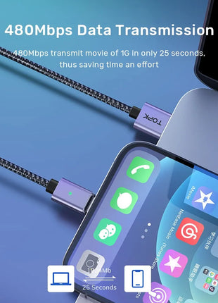 TOPK Magnetic Charging Cable 3A Micro USB Type C Cable with Led Light