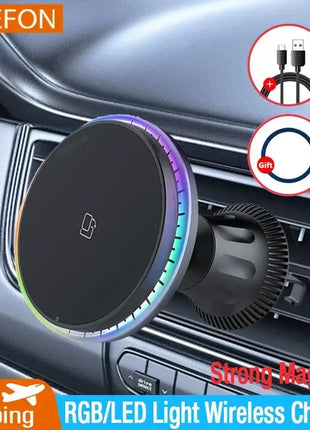30W Magnetic Car Wireless Chargers RGB LED Light For iPhone 12 13 14
