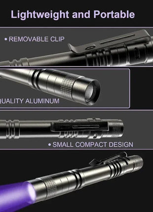 365nm UV Flashlight Ultraviolet Torch With Pen Clip Portable Violet