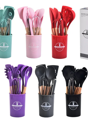 12Pcs Silicone Kitchen Utensils Cooking Wooden Handle Non Stick Pot
