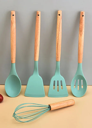 12Pcs Silicone Kitchen Utensils Cooking Wooden Handle Non Stick Pot