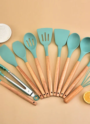 12Pcs Silicone Kitchen Utensils Cooking Wooden Handle Non Stick Pot
