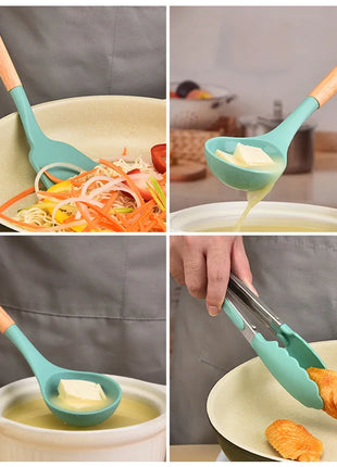 12Pcs Silicone Kitchen Utensils Cooking Wooden Handle Non Stick Pot