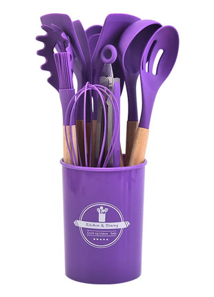 12Pcs Silicone Kitchen Utensils Cooking Wooden Handle Non Stick Pot
