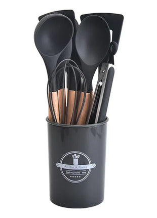 12Pcs Silicone Kitchen Utensils Cooking Wooden Handle Non Stick Pot