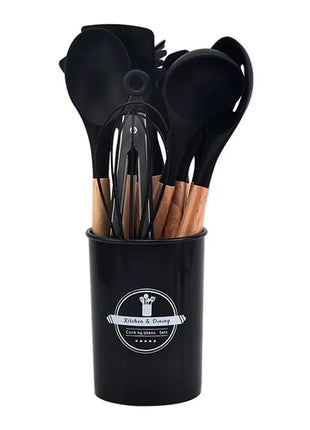 12Pcs Silicone Kitchen Utensils Cooking Wooden Handle Non Stick Pot